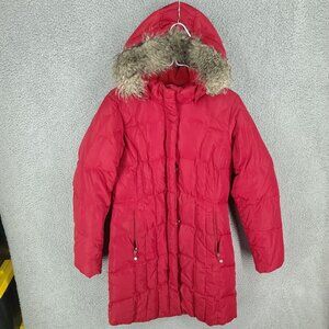 Eddie Bauer Parka Womens Small Down Puffer Hooded Faux Fur Jacket Red EB 650